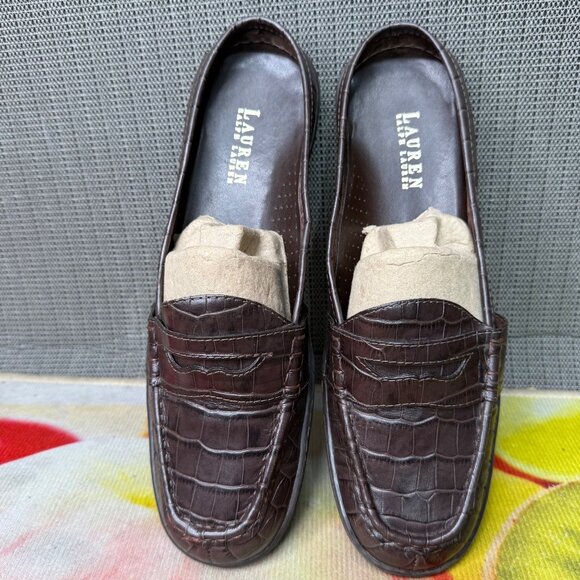 Lauren Ralph Lauren Womens Size 10B Brown Crocodile Embossed Leather Loafers - Picture 1 of 8